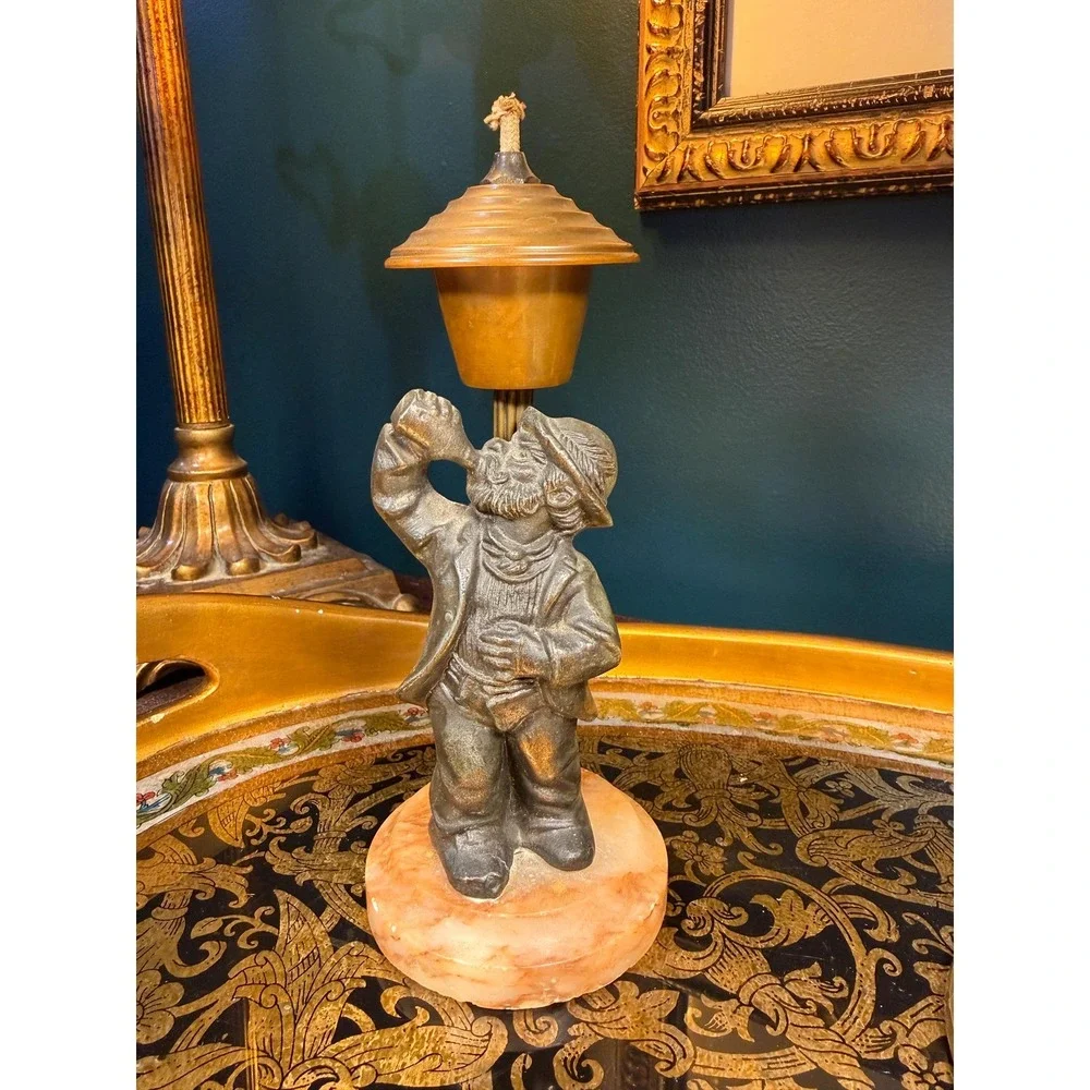 Vintage 1940s Figural Oil Lamp | Drinking Man on Onyx Base | Brass‎ Reservoir